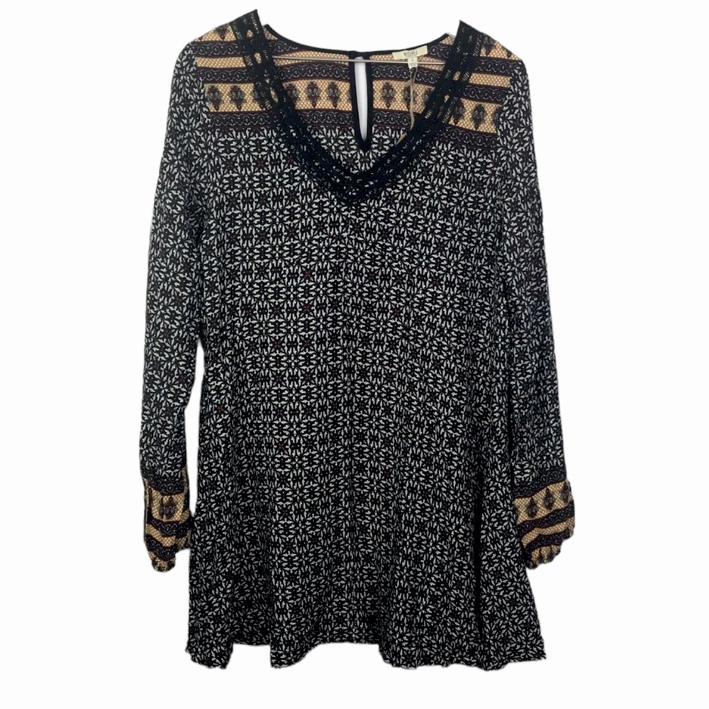 Kori America Black Tan Boho Print Shift Dress Women Sz S Nwt